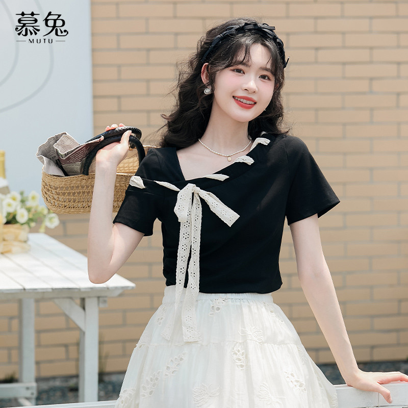Mutu Pháp Slim-fit Cổ Tròn Ngắn Tay Áo Thun Nữ Mùa Hè 2025 Thiết Kế Phong Cách Mới Niche Nơ Ngắn Top