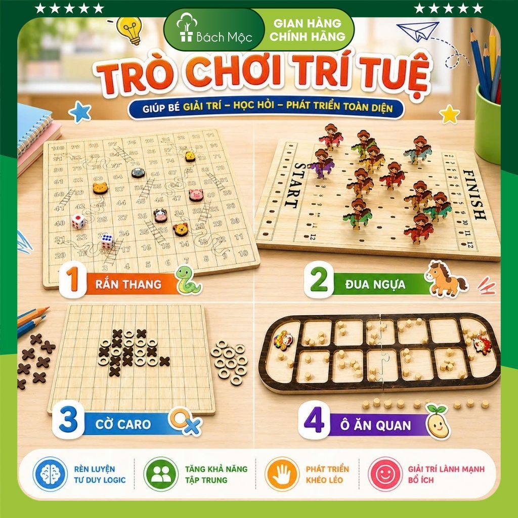 COMBO các bộ trò chơi dân gian bằng gỗ (Cờ Caro, Ô ăn quan, Đua ngựa, Rắn thang, Cờ Vua, Cờ Tướng)||