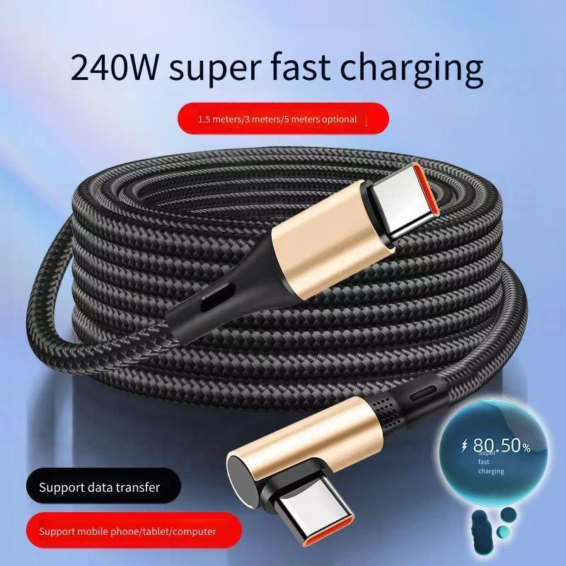 1.5m / 3m / 5m 90° Cáp Dữ Liệu Khuỷu Tay Loại C Cáp Dữ Liệu Bện Sạc Nhanh 240W Cáp Dữ Liệu Sạc / Truyền Loại C Kép Cho Điện Thoại Laptop