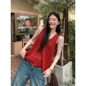 Móc cổ chữ V rỗng Áo Vest nữ mùa hè Thiết kế phong cách mỏng manh Cảm giác dáng rộng dáng rộng Áo không tay