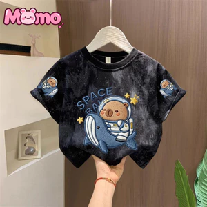 Áo cổ tròn ngắn tay in hình hoạt hình Capybara dành cho bé trai và bé gái