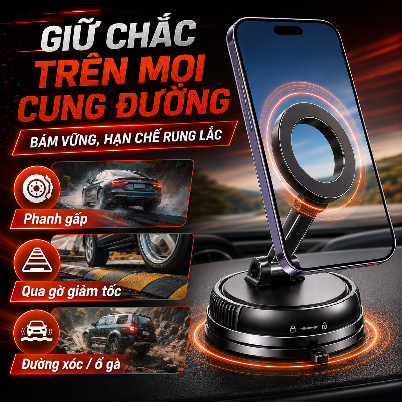 Giá Đỡ Điện Thoại - Từ Tính 360°, Chân Không Hút Mạnh, Gập 180° Tiết Kiệm Không Gian
