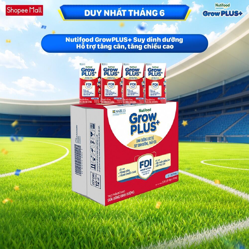 Thùng 24 hộp SBPS Nutifood GrowPLUS+ Suy Dinh Dưỡng (Đỏ) Ít đường 110ml - Tăng Cân, Tăng Chiều Cao (Bao bì tùy lô hàng)