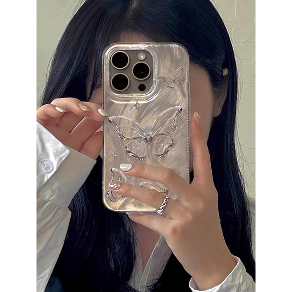 Ốp lưng bướm bạc cao cấp phong xuân cho iPhone 17/16/15/14Vỏ lông vũ