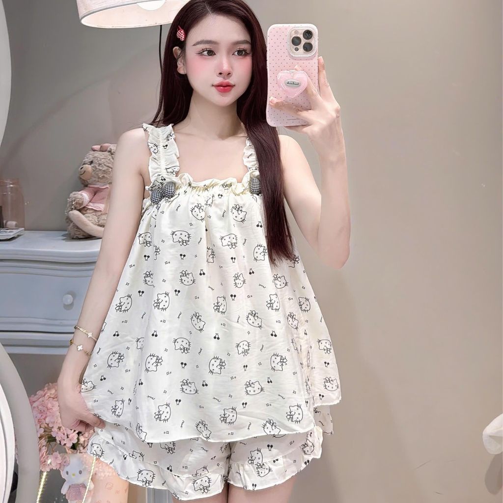 Bộ Đồ Ngủ Nữ JUSOKA  Pijama DU54 Đũi Vân Mây 2 Dây Viền Bèo Đính Nơ Mềm Mịn Cao Cấp Thoải Mái Dễ Thương