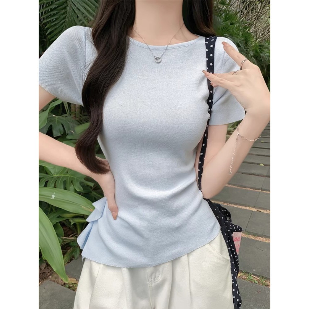 SUXI Áo thun dệt kim ngắn tay màu trơn nhẹ nhàng dành cho nữ mùa hè mới 260603