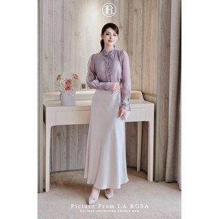 Set Váy Diện Đi Làm, Đi Chơi Sang Chảnh LA ROSA Áo Sơ Mi Tơ Cao Cấp Phối Cổ Nơ Đính Hoa Mix Chân Váy Lụa Dáng Dài S1086