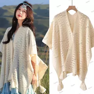 Khăn choàng nữ PYCOU, Áo len cardigan dân tộc cổ điển rỗng, tua rua Viền ren bọc dệt kim quấn tua rua phong cách nghỉ mát