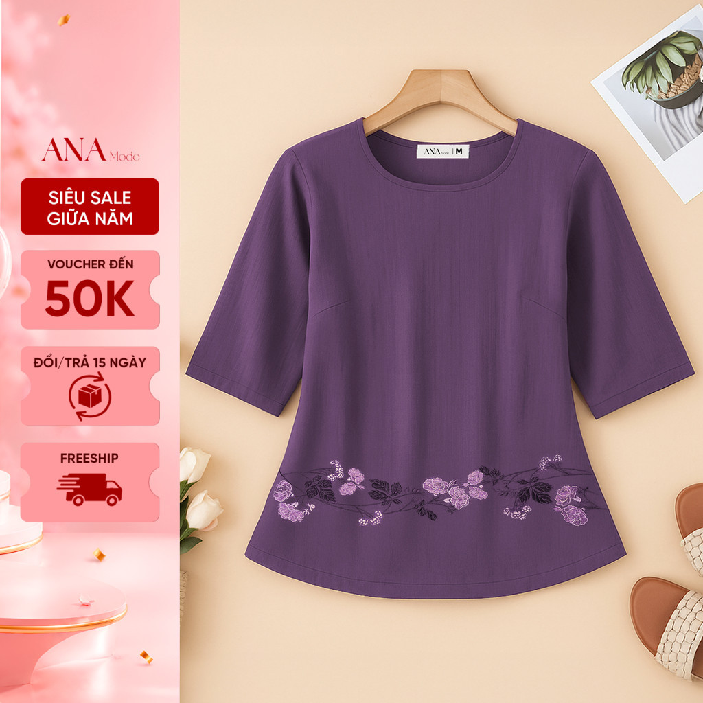 Áo Kiểu Truyền Thống Trung Niên ANA Mode Chất Liệu Linen Thun Thanh Lịch Quà Tặng Mẹ AK25CBC12