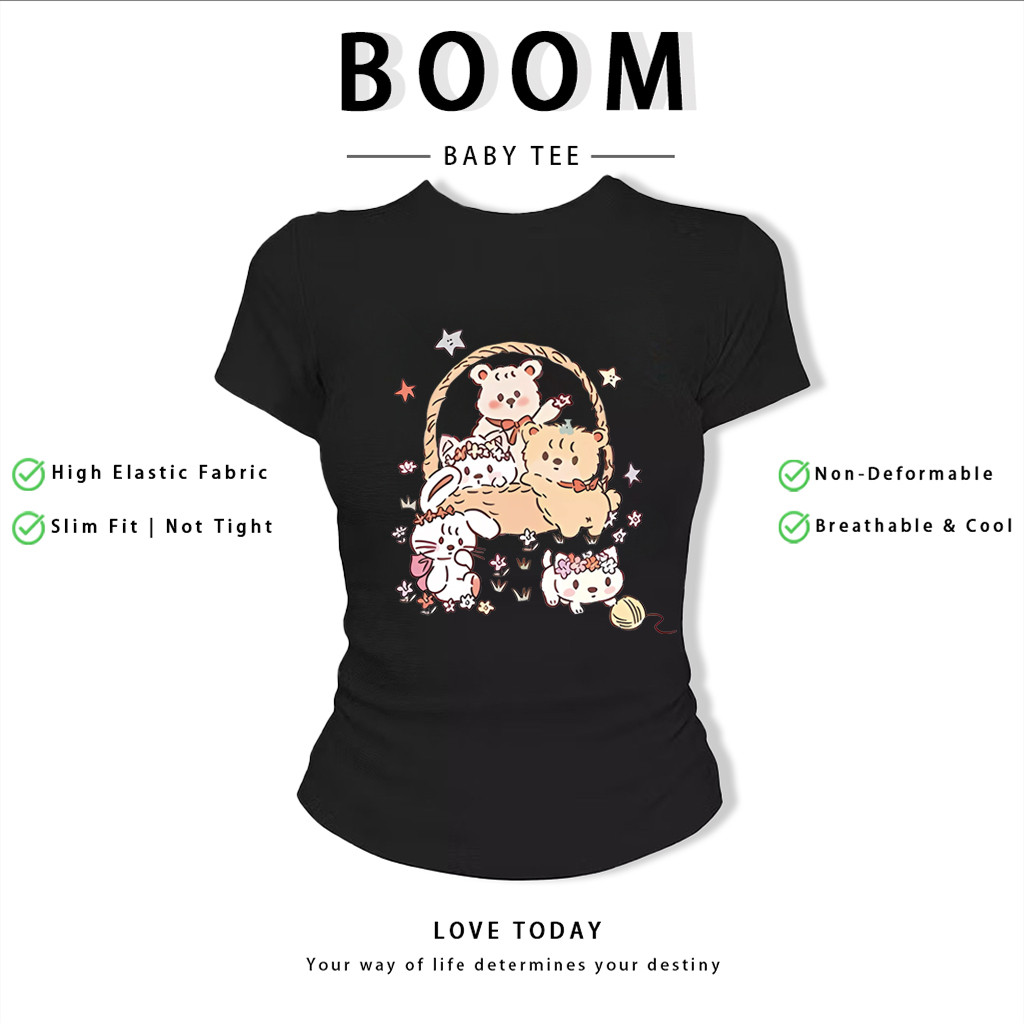 BOOM Áo Baby Tee Nữ Cotton Ôm Body-Áo Thun Ngắn Tay Y2K In Hình PhongCách Mùa Hè, Cổ Tròn Hàng Đầucách hàn quốc phong079