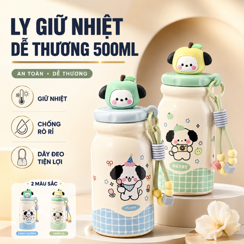 Bình Nước Giữ Nhiệt Táo 500ml Đáng Yêu,Có Ống Hút Và Lọc Dành Cho,Inox 316 An Toàn,Cho Bé đi Học