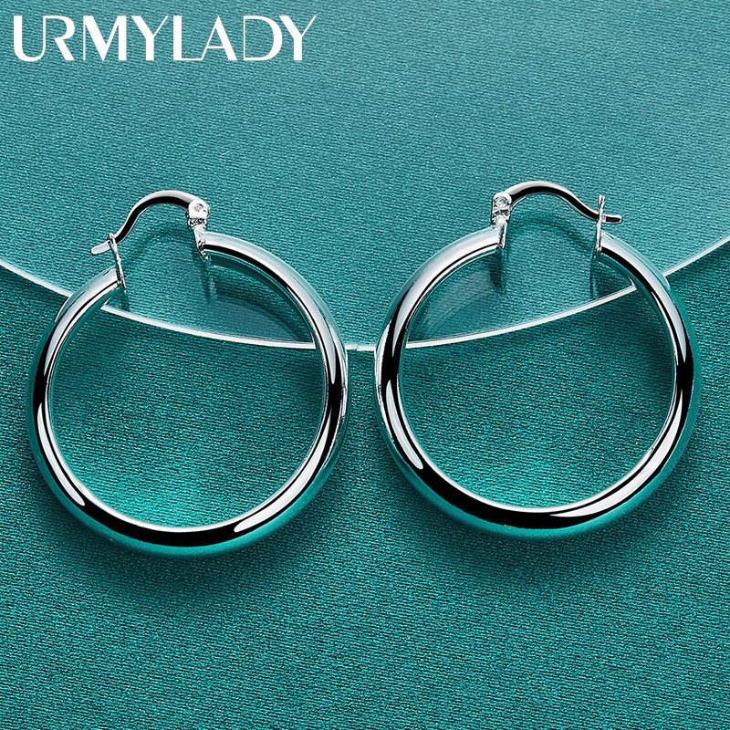 URMYLADY Bạc 925 Tròn Mịn Vòng Bông Tai Tai Vòng Tai Cho Nữ Thời Trang Quyến Rũ Cưới Đính Hôn Trang Sức