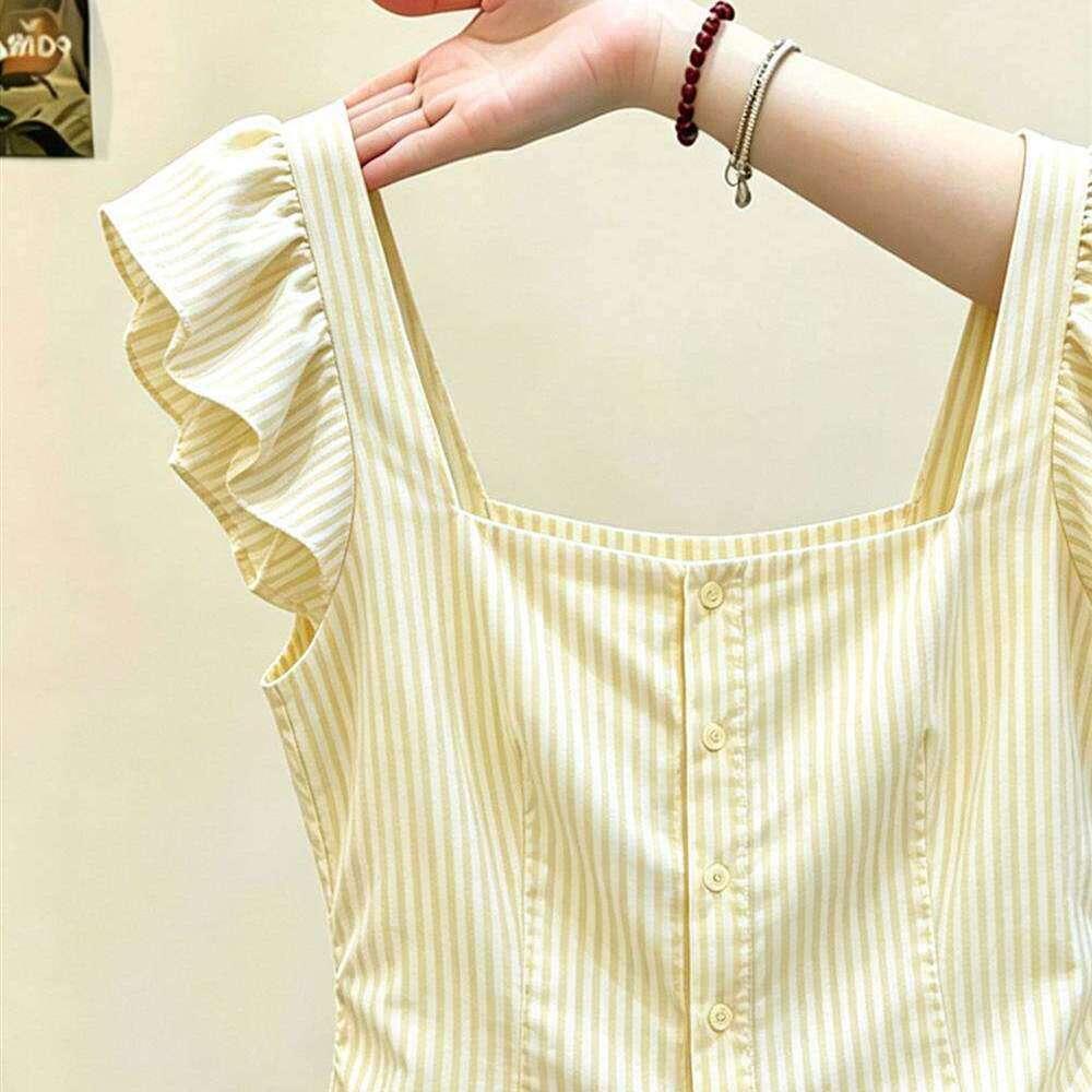 [Khuyến mãi trong thời gian có hạn] Áo sơ mi ngắn tay cổ vuông sọc vàng phong cách Hàn Quốc, mùa hè phong cách mới đi lại mặc áo có nút sang trọng độc đáo