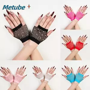 Găng tay đính đá METUBE, Găng tay không ngón thiết kế lưới cá trang trí sáng bóng, Găng tay nữ thời trang Găng tay Cosplay phong cách gợi cảm Găng tay ngắn khiêu vũ