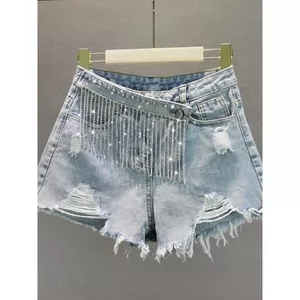 Quần short Denim phong cách Hàn Quốc dáng rộng thon gọn hơn Rách đính đá tua rua chữ a ống rộng Hot