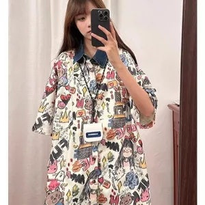 Mùa Hè Phong Cách Mới Rời Thiết Kế Mỹ Retro Hoạt Hình Graffiti In Áo Sơ Mi Tay Ngắn Top Áo Sơ Mi Thường Ngày Phù Hợp Với