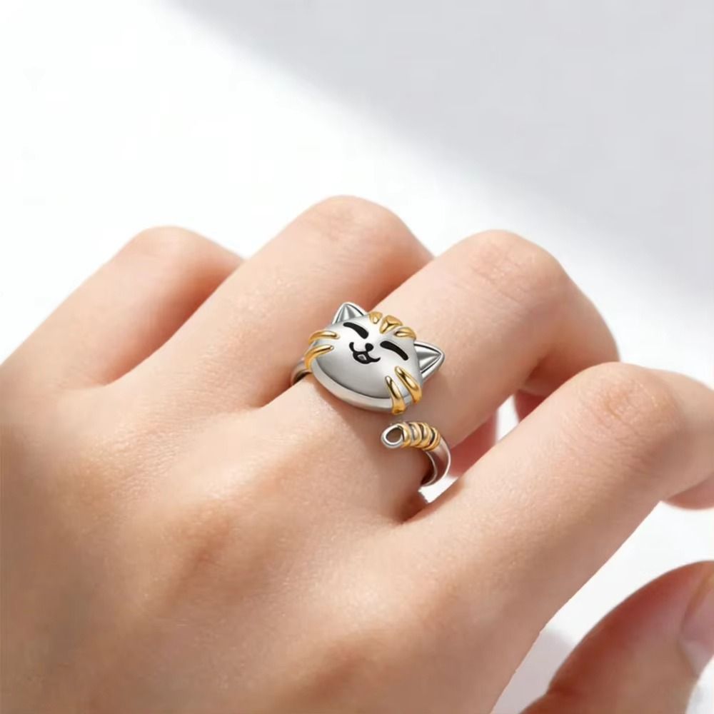 Nhẫn Spinner SENRTY Fidget, Nhẫn Mèo Con Hoạt Hình Dễ Thương Có Thể Điều Chỉnh, Bạc Bền Động Vật Kim Loại Xoay Tự Do Nhẫn Nữ Cô Gái