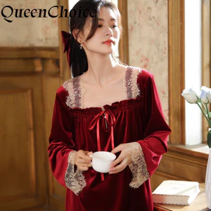 Phụ Nữ Mùa Đông Nhung Đỏ Ren Công Chúa Bộ Đồ Ngủ Váy Ngủ Nữ Cổ Chữ V Váy Ngủ Đồ Ngủ