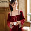Phụ Nữ Mùa Đông Nhung Đỏ Ren Công Chúa Bộ Đồ Ngủ Váy Ngủ Nữ Cổ Chữ V Váy Ngủ Đồ Ngủ