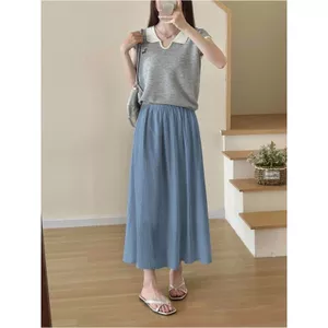 Váy xếp li màu xanh mờ eo cao ôm hơn Váy dài sang trọng lười biếng