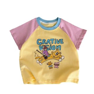 Bé Gái Mùa Hè Khâu Màu Sắc Raglan Tay Ngắn Áo Thun Nữ Bé Động Vật In Hình Dễ Thương Nửa Tay Top