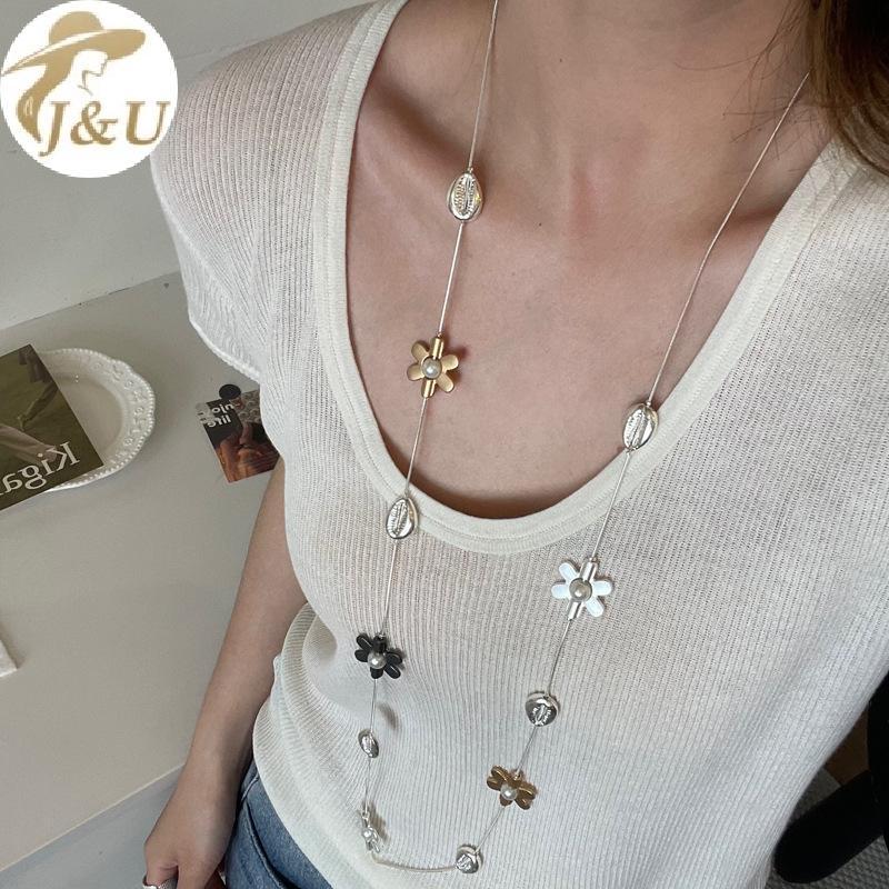 JU Sliver Màu Rỗng Ngôi Sao Năm Cánh Dài Hai Lớp Nelace Dành Cho Nữ Tính Khí Cá Tính Dây Chuyền Áo Len VN