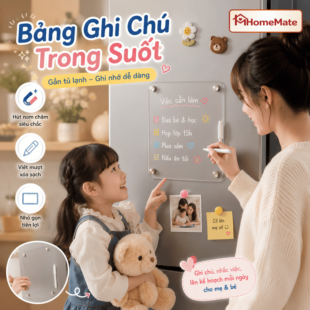 [TẶNG KÈM BÚT TRẮNG] Bảng Ghi Chú Trong Suốt HomeMate Gắn Tủ Lạnh, Bảng Acrylic Nam Châm Lập Kế Hoạch To Do List Dễ Xóa