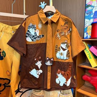 Mèo Vui Nhộn Khâu Thêu Áo Sơ Mi Tay Ngắn Hoạt Hình Hàng Hóa Phong Cách Retro Áo Thường Ngày
