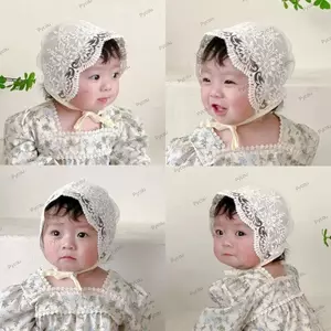 PYCOU Bé Bonnet, Hoa Thêu Ruffle Viền Mũ Sơ Sinh, Lưới Chụp Ảnh Chống Đỡ Ren Hoa Trẻ Sơ Sinh Mũ Công Chúa