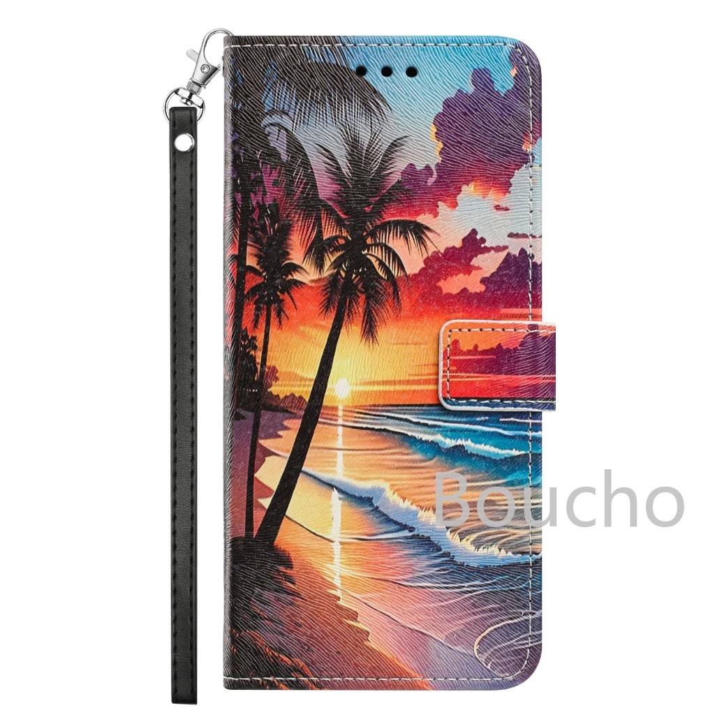 Dành Cho Samsung A27 A57 M16 A56 A36 A37 A07 A06 A05S M55 M35 M15 M54 M14 Ốp Điện Thoại Folio Cây Cọ Đại Dương