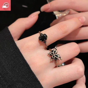Nhẫn nữ thời trang đen cổ điển Zircon có thể điều chỉnh đa năng
