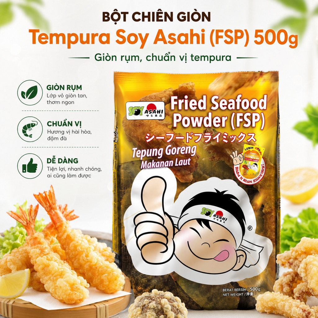 Bột chiên giòn Tempura Soy Asahi (FSP) 500g, Bột Chiên Tạo Lớp Áo Giòn Rụm, Vàng Đẹp, Ít Thấm Dầu