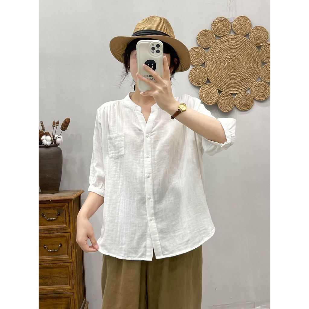 [Hàng có sẵn] Áo sơ mi nữ chất liệu Cotton cao cấp tay vừa cổ chữ V Mori