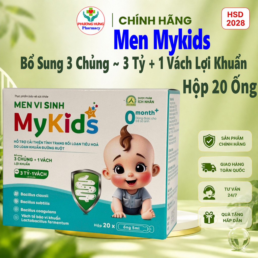 Men Vi Sinh Mykids Bổ Sung 3 Chủng ~ 3 Tỷ + 1 Vách Lợi Khuẩn, Dùng Được Cho Trẻ Sơ Sinh -Hộp 20 Ống