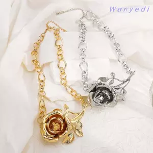 Vòng cổ mặt dây chuyền hoa hồng WANYEDI, Dây chuyền xương đòn đa năng lớn thô, Dây chuyền cổ hoa phóng đại bằng kim loại hợp kim kẽm thời trang Trang sức quà tặng