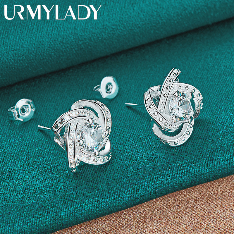 URMYLADY Bạc 925 Bốn Lá Cỏ Ba Lá Zircon Bông Tai Bông Tai Dành Cho Nữ Quyến Rũ Cưới Đính Hôn Trang Sức Thời Trang
