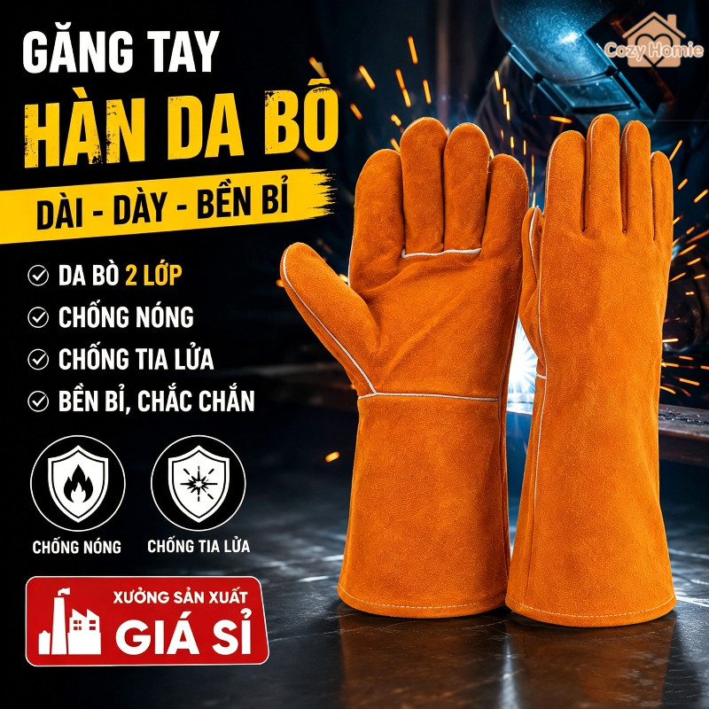 Găng tay hàn dài, da bò dày hai lớp, cách nhiệt và chống bỏng, chống mài mòn và chống trơn trượt, chống cháy, chịu nhiệt