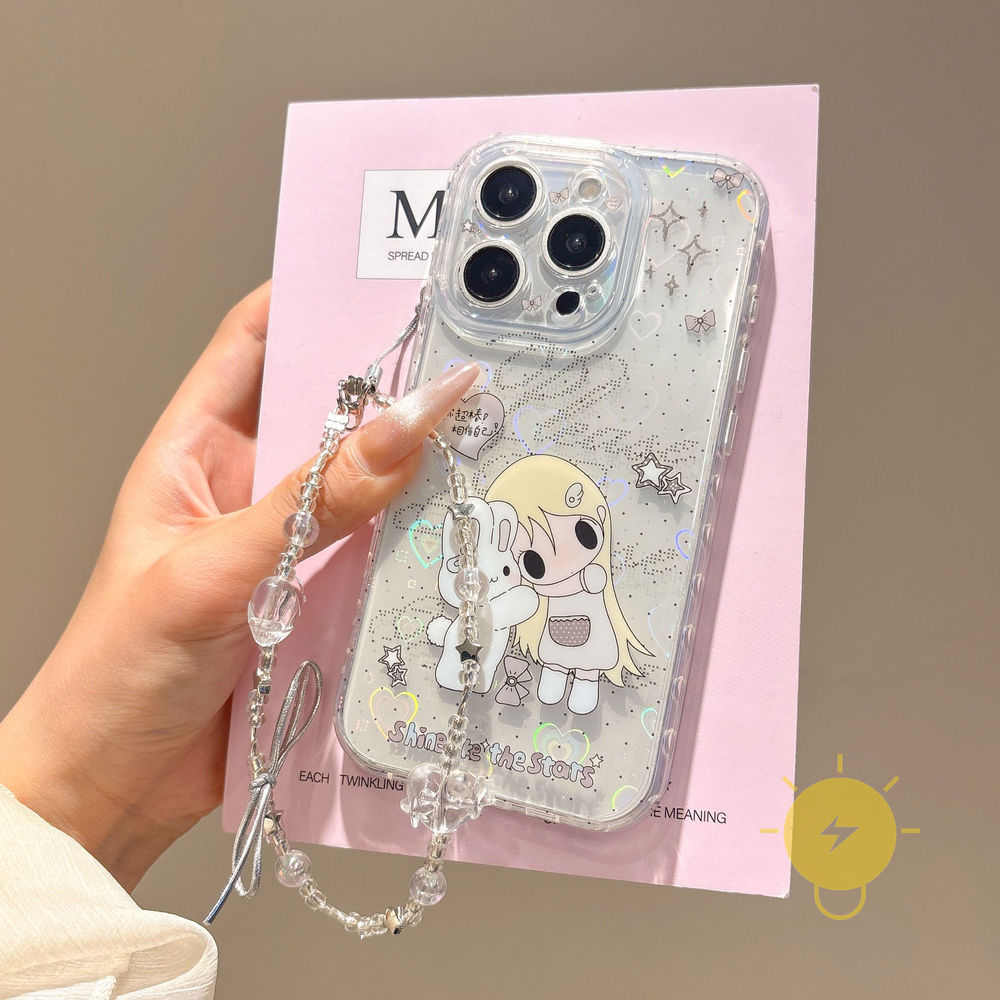 Phone Case For iPhone 17 Pro Max 16 15 TPU Keychain Chain Rabbit Polka Dot Heart Laser Aesthetic Korean Cute
