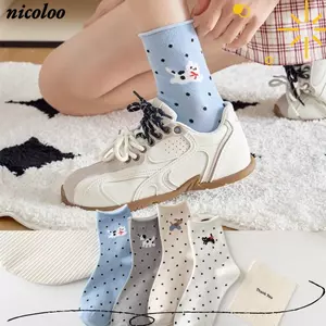 NICOLOO 1 Đôi Tất Nữ, Tất Chấm Bi Cotton Phong Cách Nhật Bản, Viền Cán Mềm Hoạt Hình Chó Mèo In Giữa Ống Tất