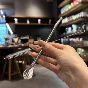 Ống Hút Inox 304 Sáng Tạo Có Thể Tháo Rời Ống Hút Kép Lọc Thìa Trà Sữa Cà Phê Khuấy Thìa Trà Madai Muỗng KJBE