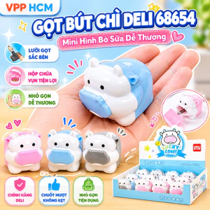Gọt Bút Chì Deli 68654 Mini Hình Bò Sữa Dễ Thương - Dụng Cụ Chuốt Bút Chì Có Hộp Chứa Vụn