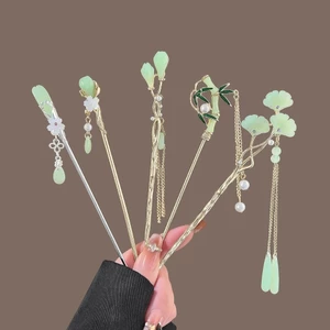 Cổ Ngọc Lục Bảo Xanh Bạch Quả Tua Rua Kẹp Tóc Tươi Retro Kẹp Tóc Cổ Hanfu Bước Lắc Kẹp Tóc Mũ Đội Đầu Phụ Kiện Tóc