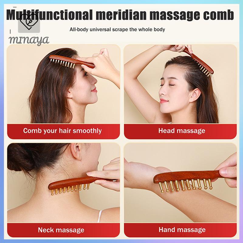 [MINAYA] Máy mát xa bằng đồng & gỗ 10 tầng dành cho đầu Kinh tuyến Trị liệu và thư giãn Gỗ đàn hương vàng cạo Guasha Tay cầm dài VN