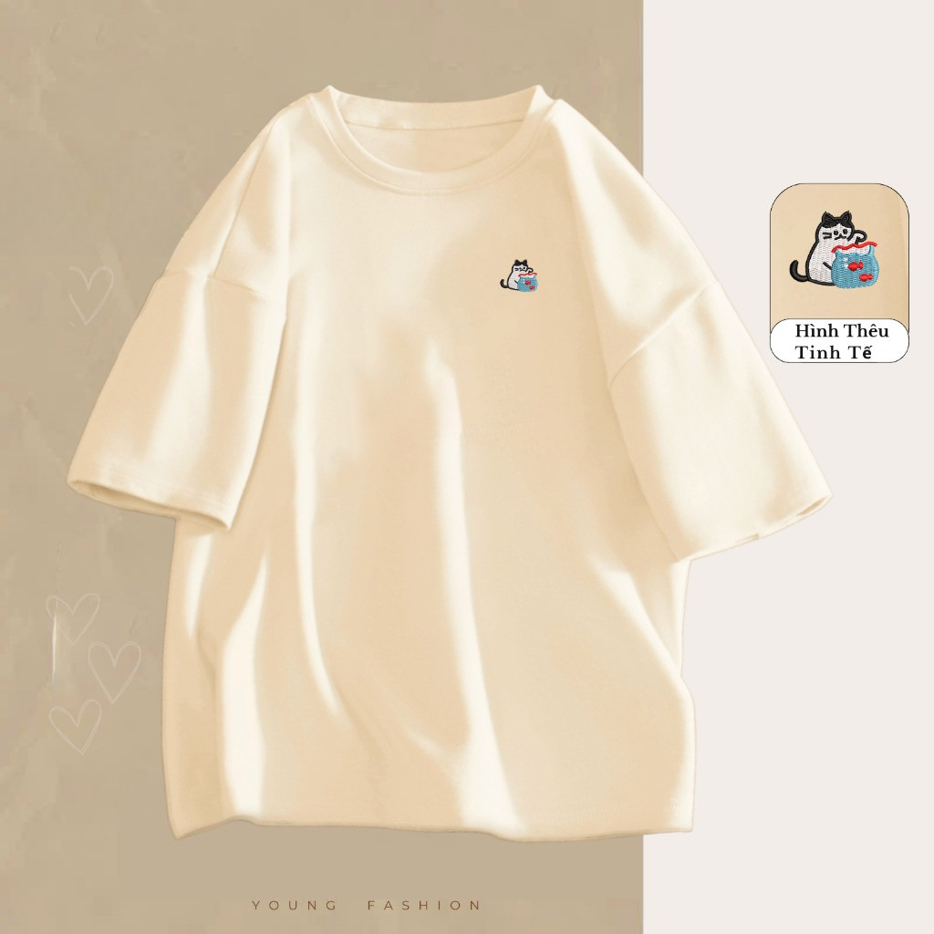（Giao hàng 24h）Angela Áo Thun THÊU Cat & Goldfish Chất Cotton Thoáng Mát Form Rộng Tay Lỡ Cho Nam Nữ Phong Cách Unisex
