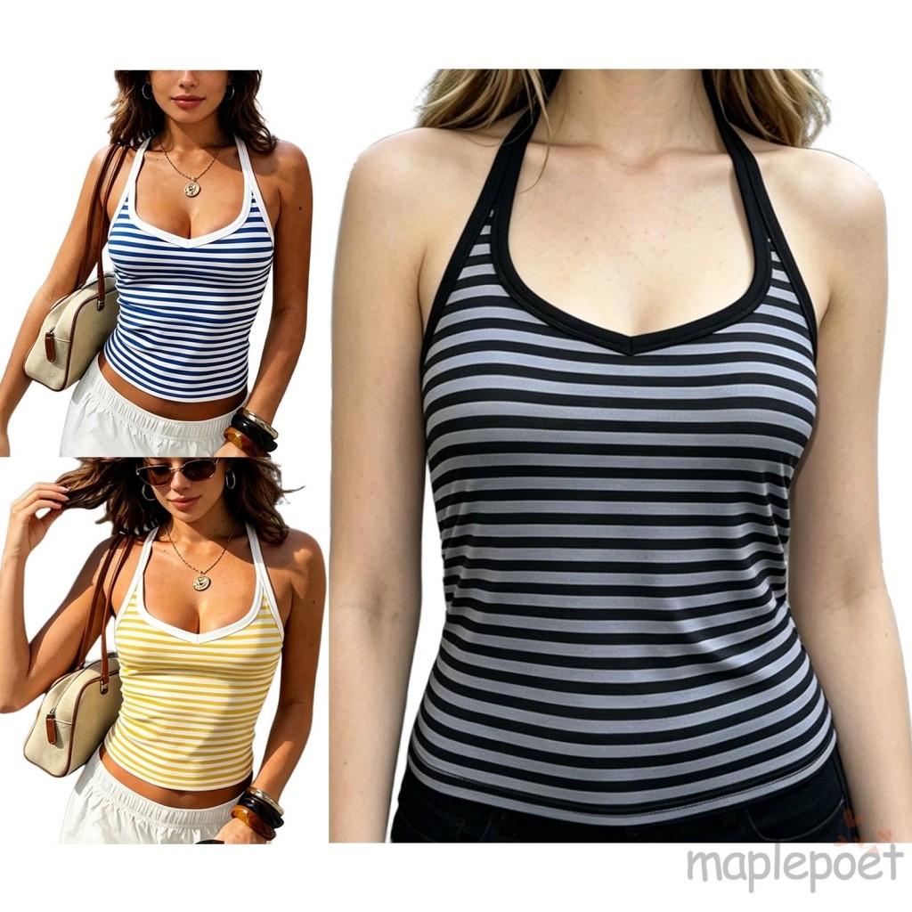 MAPLEPOET-Nữ Dây Cổ Áo Không Tay Mở Lưng Sọc In Slim Fit Vest