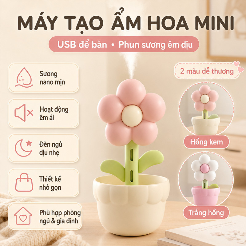 Máy tạo ẩm hoa USB để bàn,Máy tạo độ ẩm Hoa Mini,bà bầu và em bé, tăng độ ẩm không khí gia đình