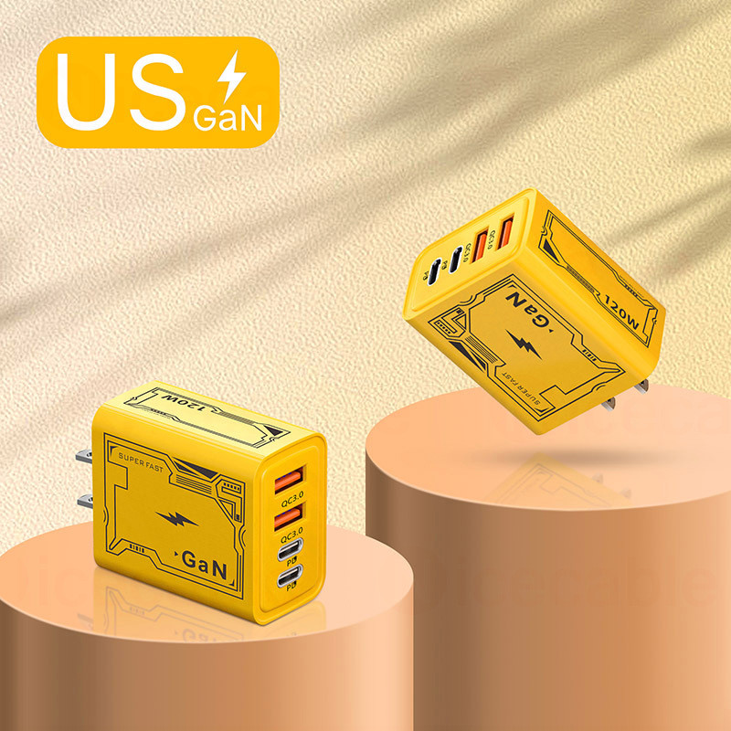 GaN 4-IN-1 2USB + Type C Cắm Sạc Điện Thoại 120W Sạc Siêu Nhanh Sạc Điện Thoại Di Động QC3.0 EU / US / UK Cắm Sạc Cho IOS Android