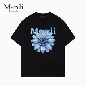 Áo thun 100% cotton xanh in hoa retro cổ tròn unisex phong cách Hàn Quốc