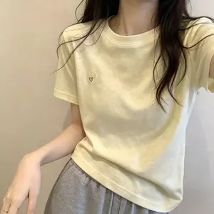 Áo thun ngắn tay thêu trái tim màu xanh bông tuyết dành cho nữ Vai chính hãng mùa hè Phong cách mới che phủ da thịt Sli
