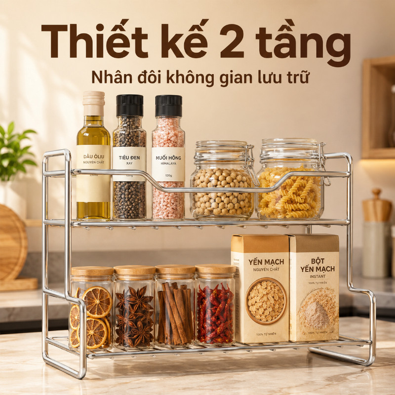 Kệ Để Đồ Đa Năng 2 Tầng Bằng Inox - Đựng Gia Vị & Dụng Cụ Bếp, Thiết Kế Thoáng, Dễ Lau Chùi, Giúp Gian Bếp Ngăn Nắp